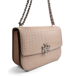 Borsa a tracolla convertibile Eleanor di Tory Burch in morbida pelle beige con finiture argentate.