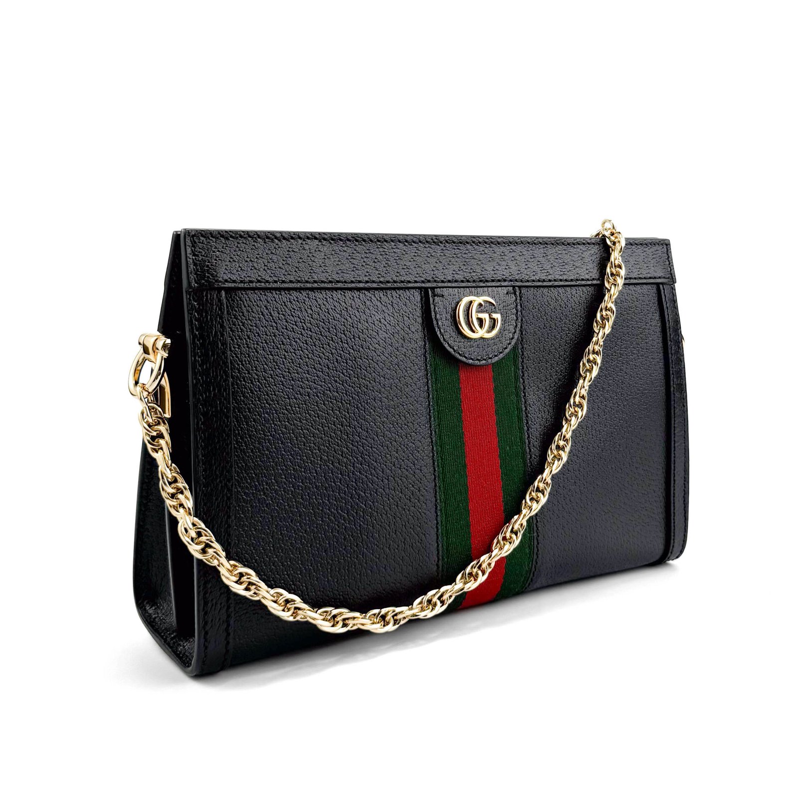 IMG_2173 Gucci GG Supreme Ophidia Small Chain-Strap Shoulder Bag in pelle nera con striscia Web verde e rossa.