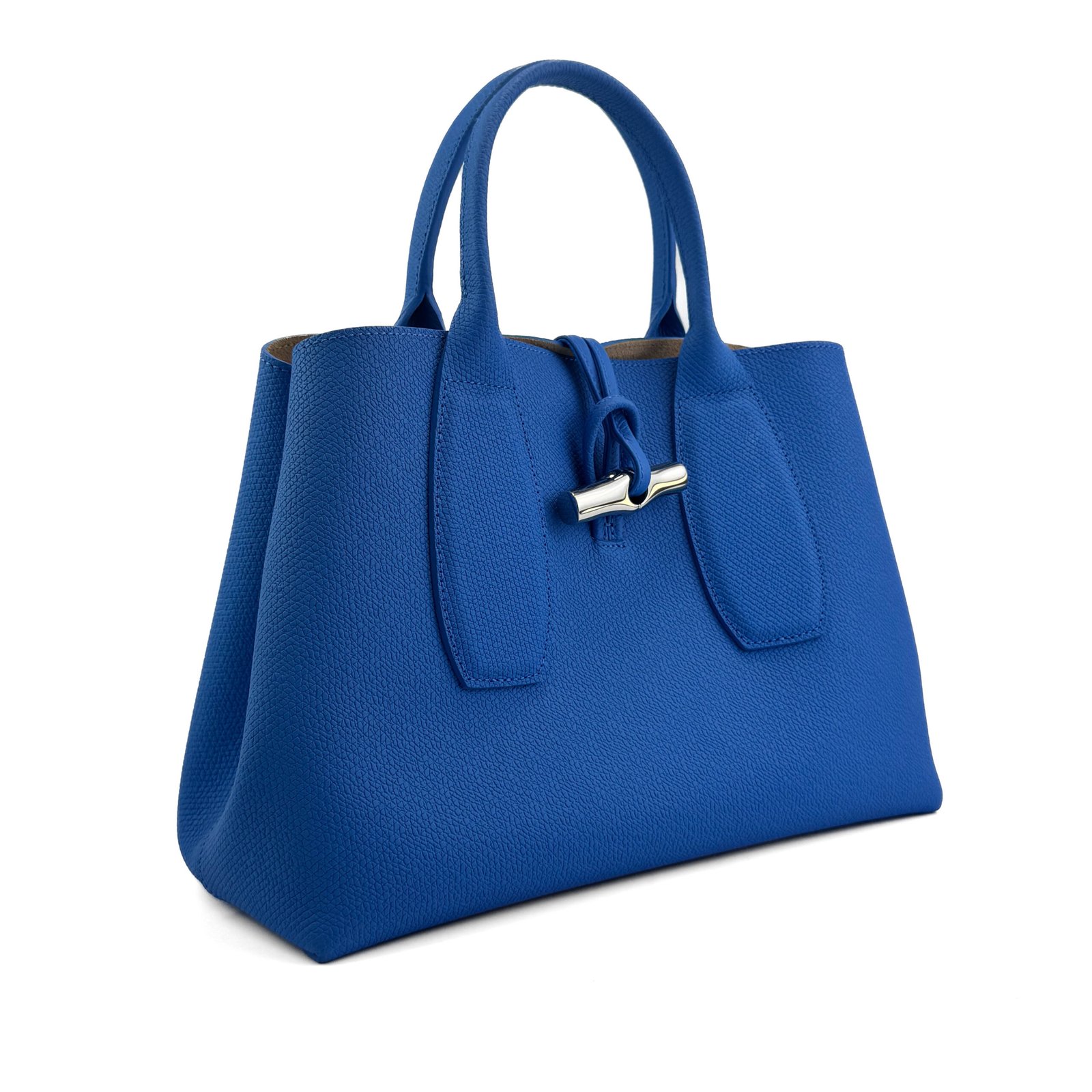 Borsa Longchamp Roseau con manico superiore in pelle blu con finiture argentate.