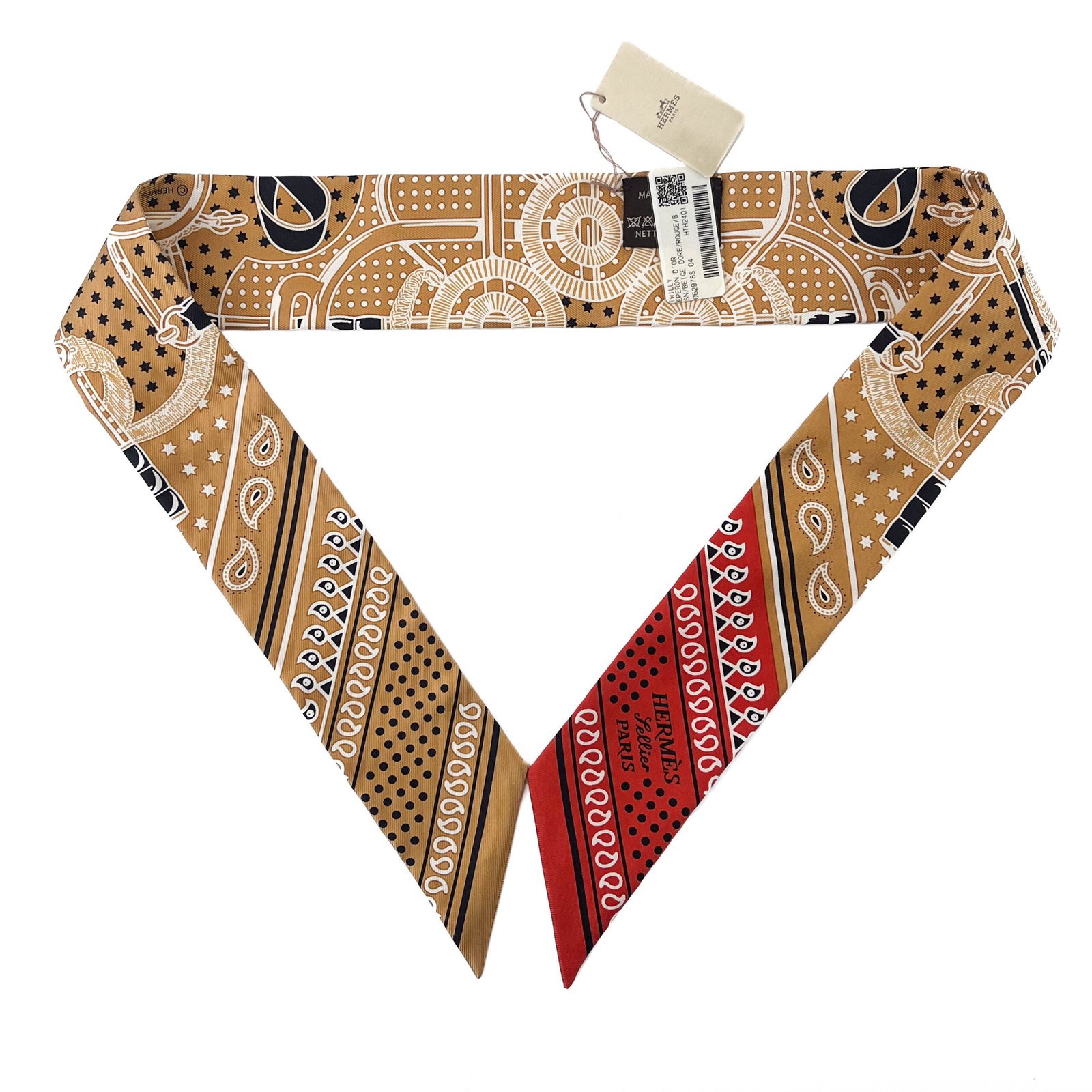 IMG_2739 Hermès Twilly Eperon d'Or Bandana in a multi-color silk design with equestrian motifs.