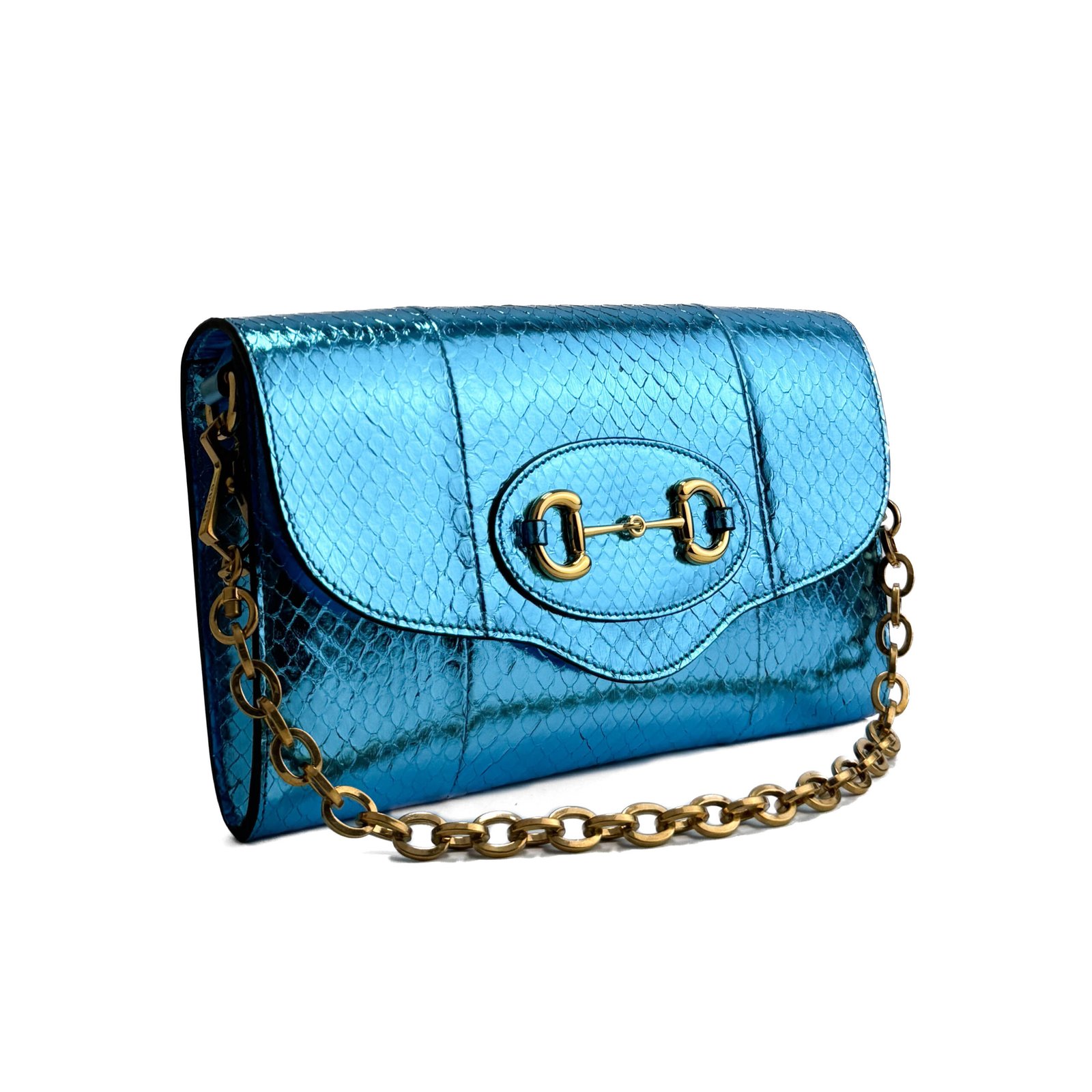 IMG_3019 Borsa Gucci Horsebit 1955 Special Edition in pelle di pitone blu metallizzata con finiture dorate.
