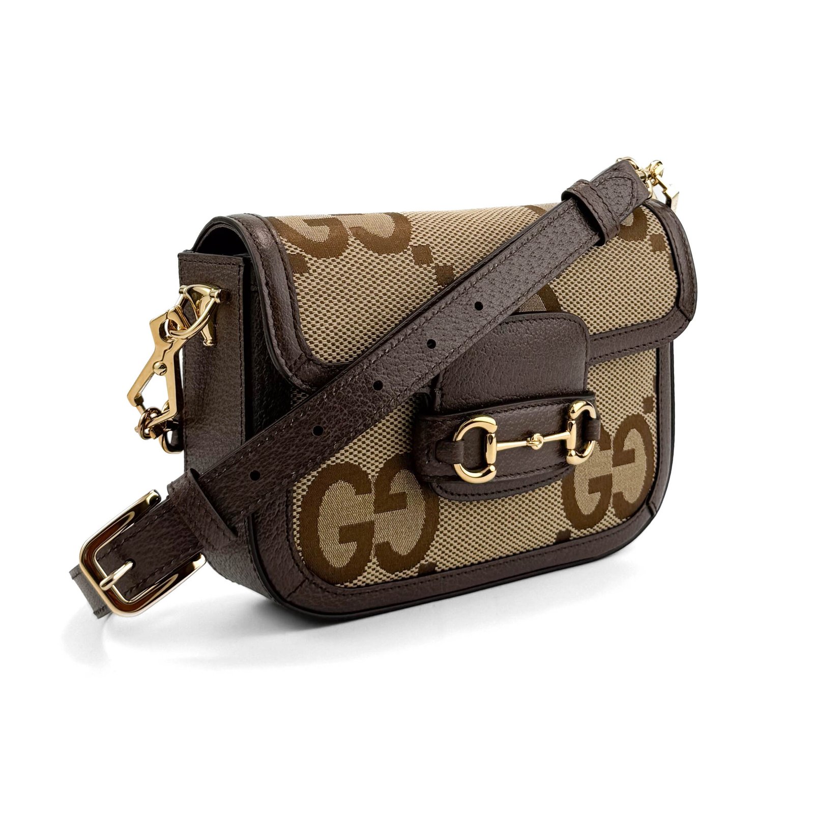IMG_3392 Gucci Horsebit 1955 Mini Borsa a tracolla in tela GG Supreme con finiture in pelle marrone e finiture Horsebit dorate.